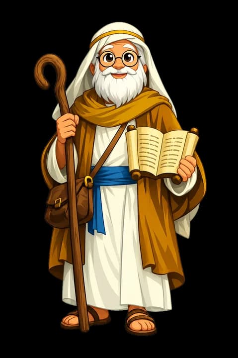 Illustration of Abraham for the Shalom Bible app: an older bearded man in a deep robe, drawn in the flat, mature style shared across the character library.
