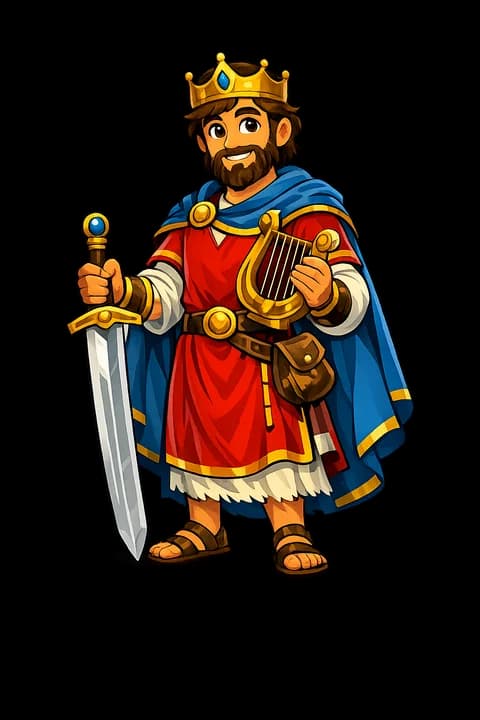 Illustration of David for the Shalom Bible app: a young shepherd figure, drawn to stay readable at mobile size against the spotlight screen’s whitespace.