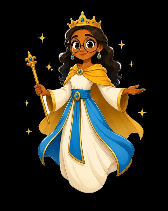 Illustration of Queen Esther for the Shalom Bible app: a royal figure in patterned robes, with gold used only as an accent, matching the mascot’s colour discipline.