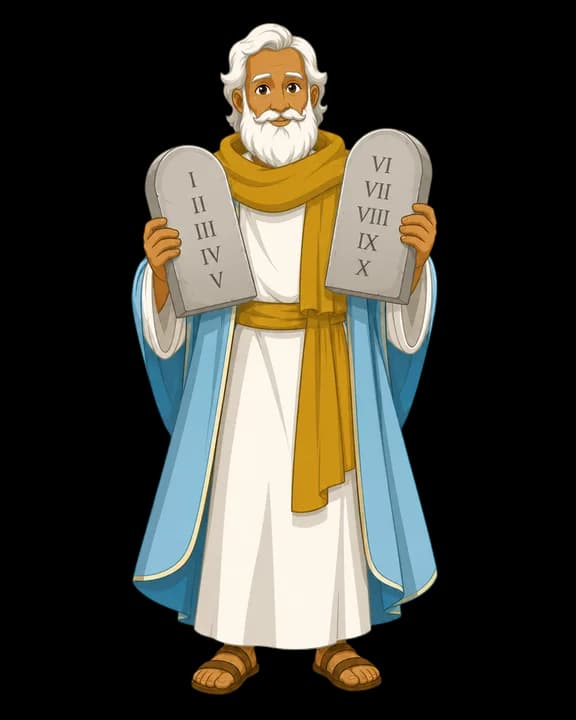 Illustration of Moses for the Shalom Bible app: a robed figure holding a staff, rendered with the same line weight and restrained palette as the rest of the set.