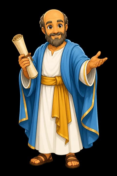 Illustration of the apostle Paul for the Shalom Bible app: a robed figure with a scroll, keeping the character set’s consistent proportions and shading.