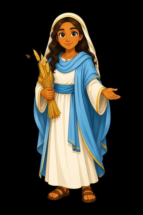 Illustration of Ruth for the Shalom Bible app: a young woman carrying gathered grain, drawn in the same warm, lightly detailed style as the rest of the library.