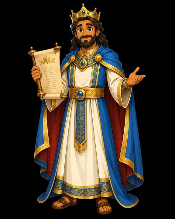 Illustration of King Solomon for the Shalom Bible app: a crowned figure in rich robes, with gold restricted to an accent as the brand guide requires.