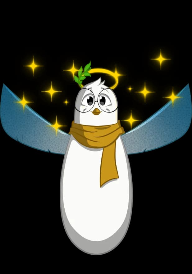 Shalom mascot in its celebrating state: the dove lifted with gold stars scattered around it, shown when a day is completed.