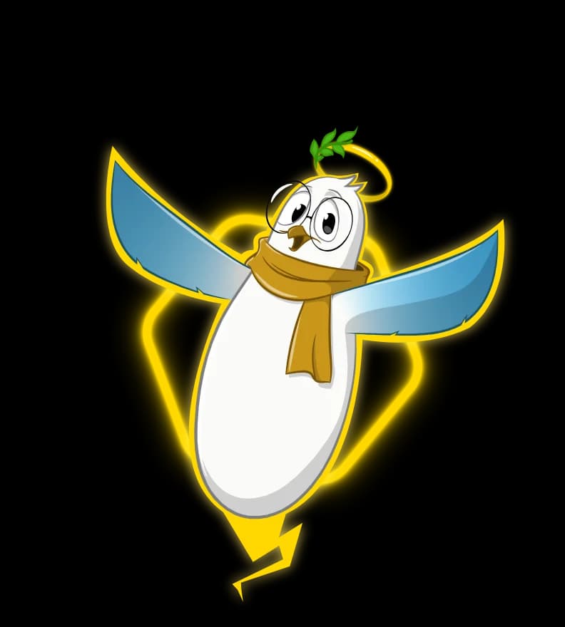 Shalom mascot in its glowing state: the dove ringed by a soft golden aura and quiet gold twinkles, reserved for rhythm milestones.